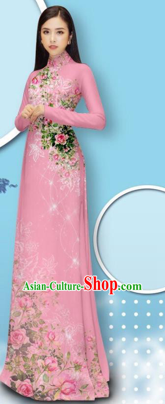 Traditional Vietnamese Cheongsam with Loose Pants Fashion Apparel Custom Vietnam Uniforms Asian Pink Ao Dai Dress
