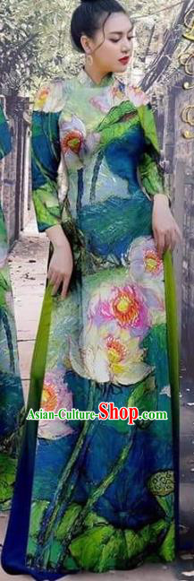 Asian Vietnam Fashion Cheongsam with Loose Pants Traditional Garment Apparel Vietnamese Beauty Olive Green Ao Dai Dress