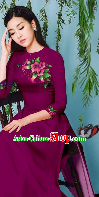 Amaranth Ao Dai Clothing Long Dress Asian Vietnam Cheongsam with Loose Pants Traditional Vietnamese Beauty Fashion