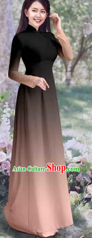 Vietnam Gradient Black Cheongsam Vietnamese Traditional Ao Dai Clothing Asian Classical Qipao Dress with Pants