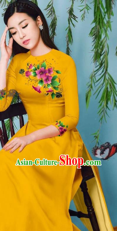 Asian Vietnam Yellow Ao Dai Clothing Long Dress Traditional Vietnamese Beauty Fashion Cheongsam with Loose Pants Outfits