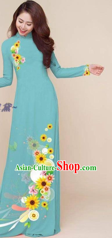 Vietnam Clothing Traditional Vietnamese Light Blue Ao Dai Dress Classical Qipao Printing Cheongsam with Pants Asian Costumes