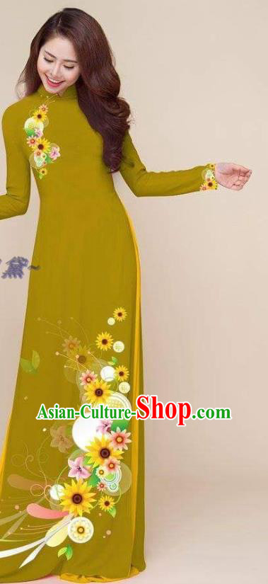 Traditional Classical Qipao Printing Cheongsam with Pants Vietnam Clothing Asian Costumes Vietnamese Olive Green Ao Dai Dress
