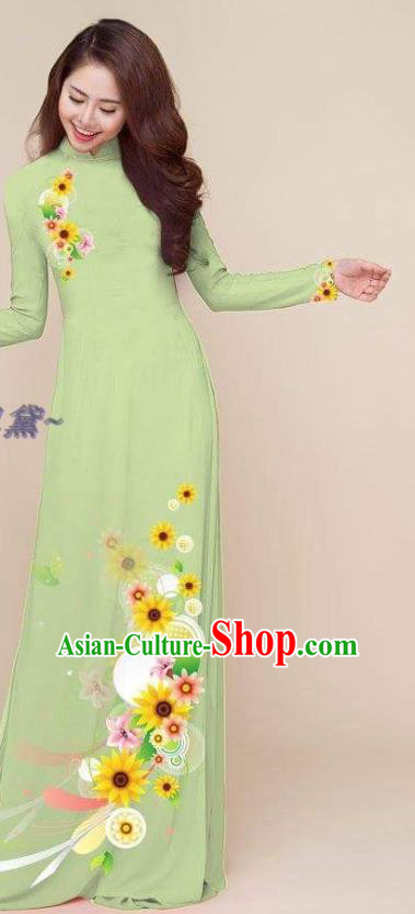Traditional Classical Qipao Vietnam Clothing Asian Costumes Vietnamese Ao Dai Dress Printing Light Green Cheongsam with Pants
