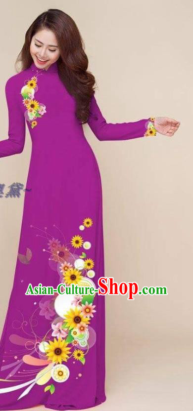 Vietnam Clothing Printing Cheongsam with Pants Vietnamese Ao Dai Dress Traditional Classical Costumes Asian Women Purple Qipao