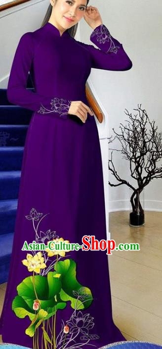 Asian Clothing Traditional Classical Costumes Vietnam Cheongsam Women Qipao Vietnamese Purple Ao Dai Dress with Pants Two Piece Set