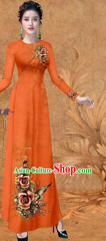 Traditional Printing Rose Orange Qipao Dress with Loose Pants Women Ao Dai Outfits Vietnamese Cheongsam Clothing Vietnam Stage Show Fashion