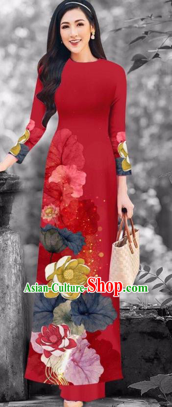 Red Traditional Vietnamese Cheongsam with Loose Pants Garment Ao Dai Dress Custom Asian Vietnam Fashion Apparel