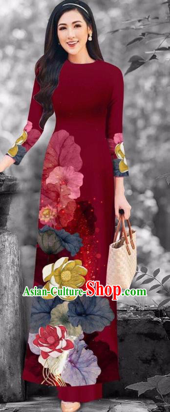 Traditional Vietnamese Wine Red Ao Dai Dress Garment Custom Asian Vietnam Fashion Cheongsam with Loose Pants Apparel