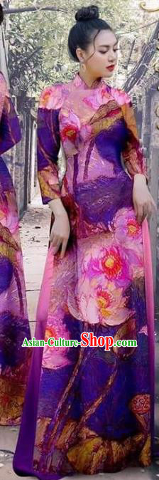 Vietnamese Female Garment Traditional Ao Dai Dress Asian Vietnam Fashion Purple Cheongsam with Loose Pants Apparel