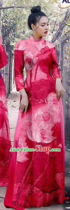 Magenta Ao Dai Dress Traditional Asian Vietnam Fashion Cheongsam with Loose Pants Apparel Vietnamese Female Garment