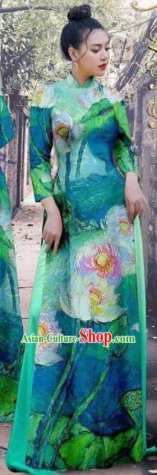Vietnamese Teal Ao Dai Dress Female Garment Traditional Asian Vietnam Fashion Cheongsam with Loose Pants Apparel
