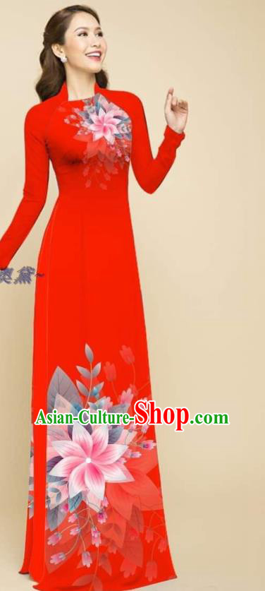 Oriental Beauty Cheongsam with Loose Pants Outfits Vietnamese Women Clothing Traditional Fashion Vietnam Red Ao Dai Qipao Dress