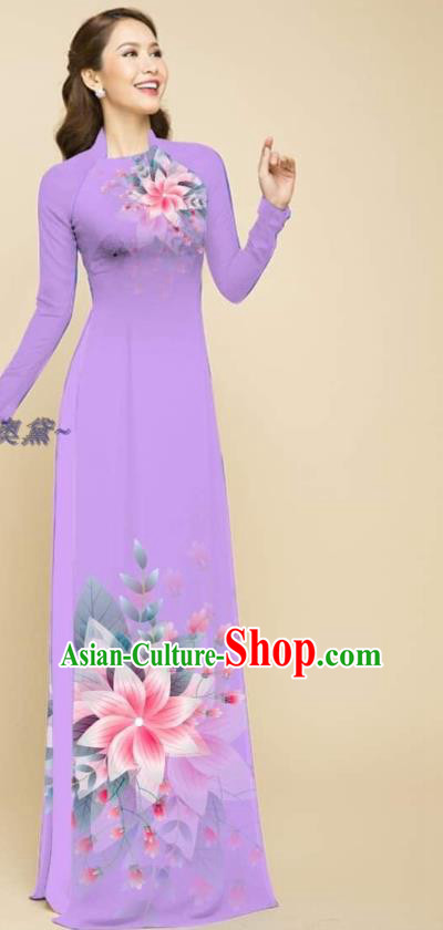 Oriental Violet Cheongsam Traditional Vietnamese Women Ao Dai Qipao Dress with Loose Pants Outfits Clothing Vietnam Fashion