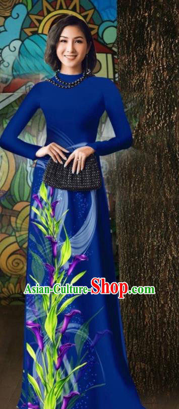Vietnam Stage Show Costume Deep Blue Cheongsam Vietnamese Traditional Ao Dai Dress Oriental Classical Qipao with Loose Pants Outfits