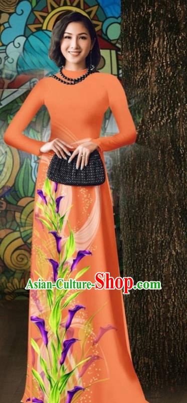 Vietnamese Stage Show Costume Traditional Ao Dai Dress Vietnam Classical Qipao with Loose Pants Outfits Oriental Orange Cheongsam