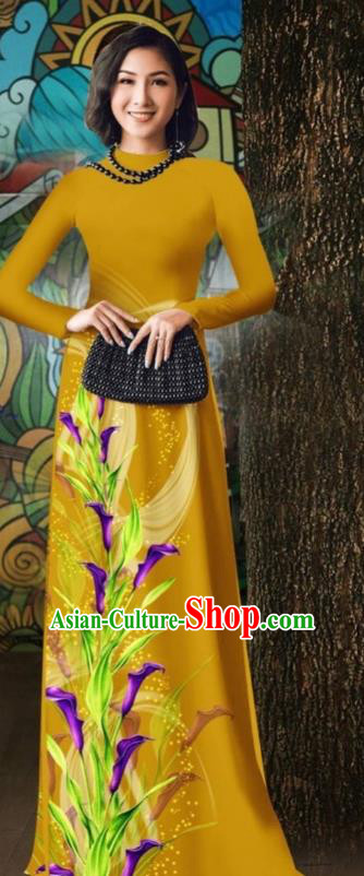 Oriental Classical Qipao Dress with Loose Pants Outfits Vietnam Stage Show Costume Traditional Vietnamese Ginger Ao Dai Cheongsam