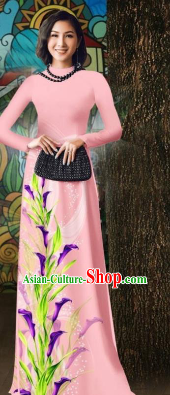 Traditional Vietnamese Ao Dai Cheongsam Oriental Classical Pink Qipao Dress with Loose Pants Outfits Vietnam Stage Show Costume
