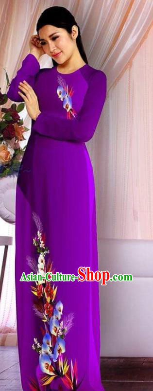 Vietnam Custom Cheongsam Vietnamese Women Costumes Asian Clothing Traditional Classical Ao Dai Dress Printing Purple Qipao with Pants