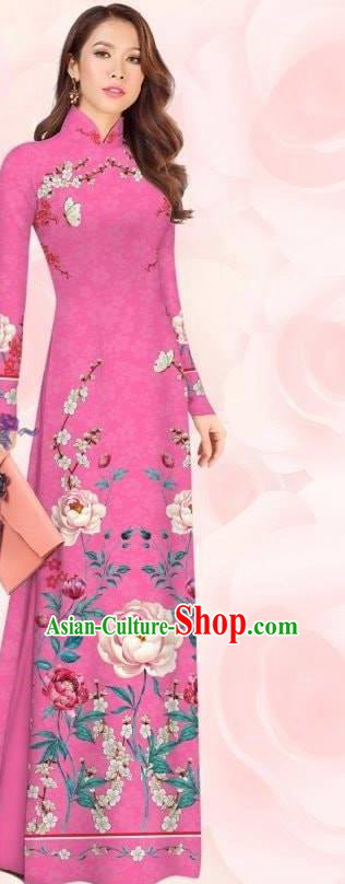 Asian Vietnamese Ao Dai Clothing Traditional Custom Cheongsam Women Qipao with Pants Vietnam Fashion Bride Rosy Dress