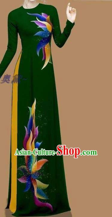 Custom Women Deep Green Qipao with Pants Traditional Dress Vietnam Cheongsam Asian Bride Fashion Vietnamese Ao Dai Clothing