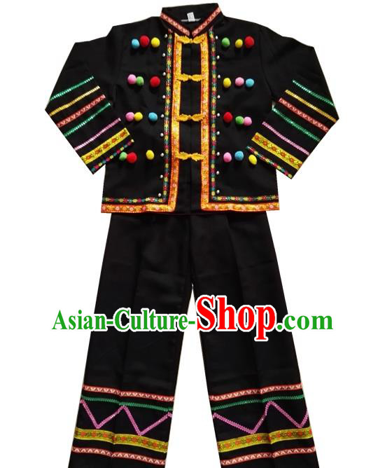 Chinese Lahu Nationality Black Uniforms Quality Ethnic Shirt and Pants for Men