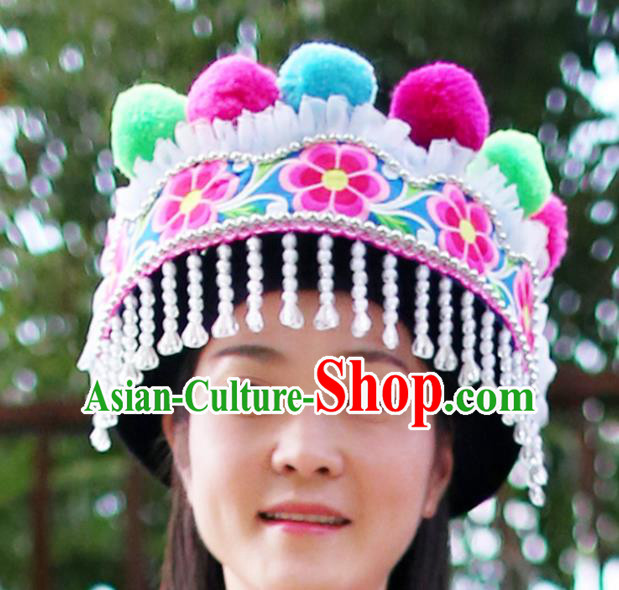 Top Quality China Yi Ethnic Women Headwear Chinese Yunnan Chuxiong Nationality Embroidered Beads Tassel Hat