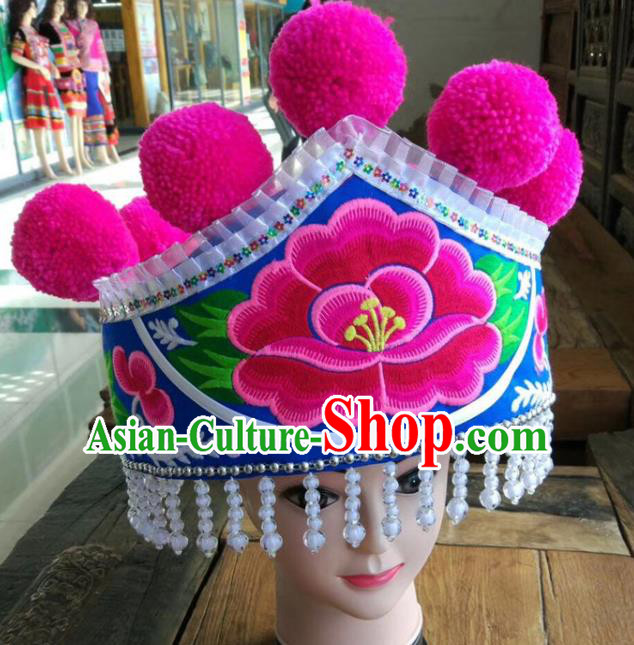 Chinese Traditional Embroidered Peony Royalblue Hat Ethnic Women White Beads Tassel Headwear Yunnan Yi Nationality Headpiece