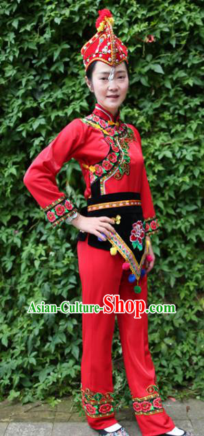 China Yi Nationality Drum Dance Embroidered Costumes Chinese Yi Ethnic Women Red Blouse and Pants with Cockscomb Hat