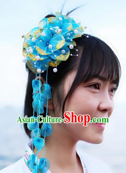 Chinese Dai Nationality Bride Headpiece Traditional Blue Silk Flowers Hair Stick Yunnan Ethnic Women Tassel Headwear