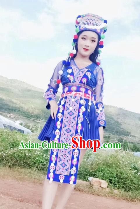 China Ethnic Photography Clothing Miao Nationality Embroidered Outfits Women Royalblue Blouse and Skirt with Hat