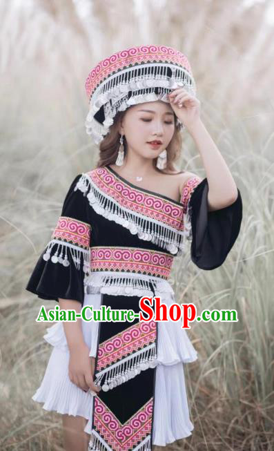 China Miao People Black One Shoulder Blouse and Short Skirt with Hat Guizhou Miao Ethnic Female Costumes Minority Nationality Photography Clothing