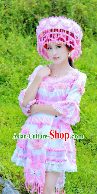 China Ethnic Bride Light Blue Blouse and Short Skirt with Hat Miao Ethnic Nationality Wedding Costumes