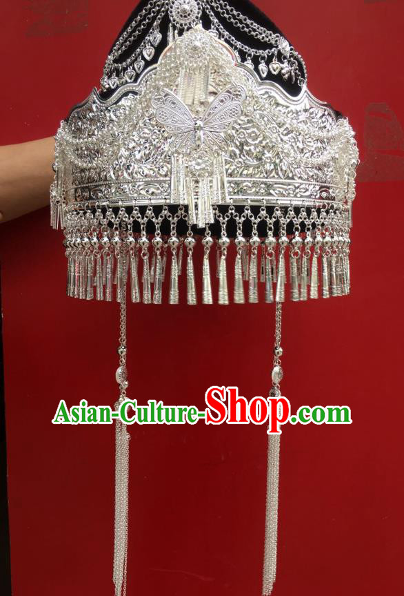 Chinese Traditional Minority Nationality Headdress Folk Dance Hair Accessories Miao Ethnic Wedding Silver Hat