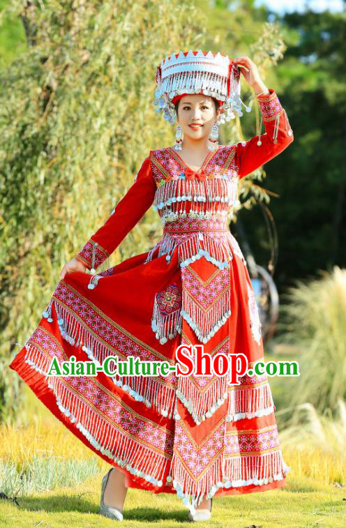 China Traditional Celebration Costume Miao Minority Nationality Clothing Ethnic Bride Red Dress with Headpiece
