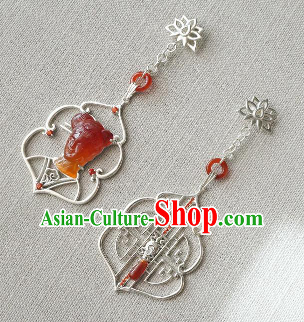 Top Grade Chinese Traditional Accessories Handmade Silver Ear Jewelry Classical Cheongsam Agate Palace Lady Earrings