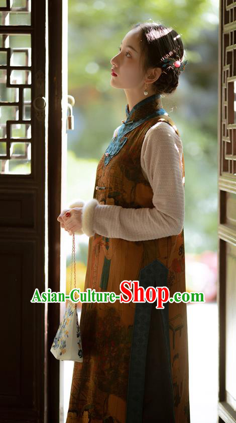 Chinese Traditional Costume Brown Silk Qipao Dress Printing Vest Cheongsam