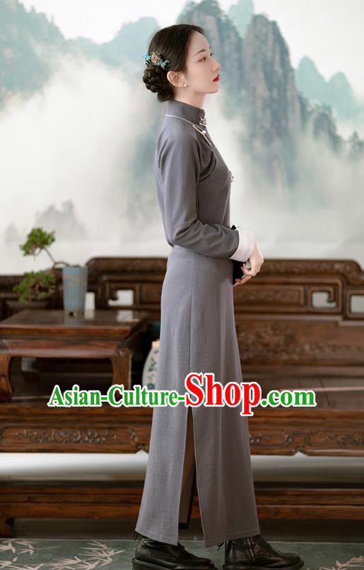 Chinese Classical Qipao Dress Traditional Women Costume Grey Cheongsam