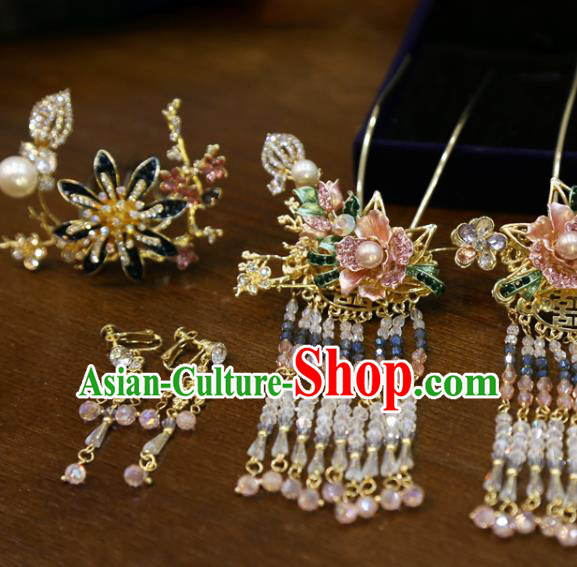 Chinese Wedding Hairpins Traditional Classical Hair Accessories Xiuhe Suit Beads Tassel Hair Sticks