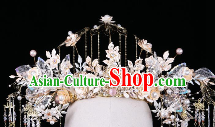 Chinese Traditional Phoenix Coronet Wedding Hair Accessories Xiuhe Suit Lace Flowers Hair Crown Full Set