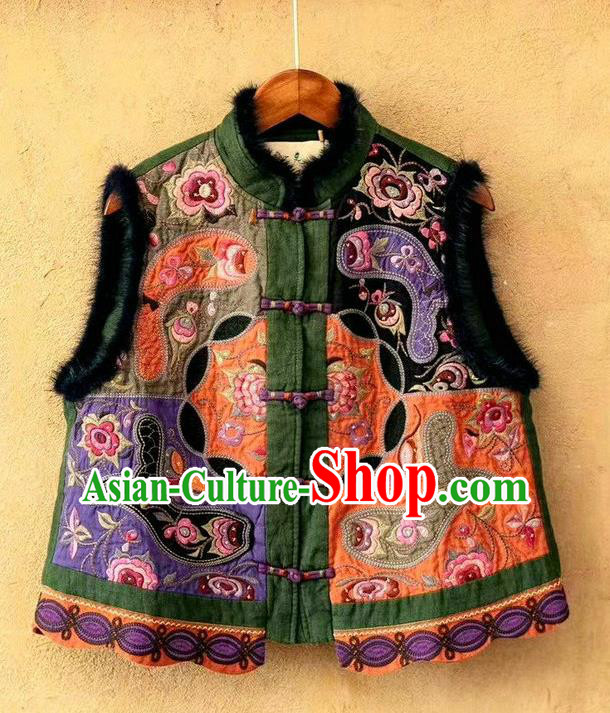 China National Green Flax Waistcoat Guizhou Ethnic Embroidered Vest Women Traditional Tang Suit Upper Outer Garment Clothing