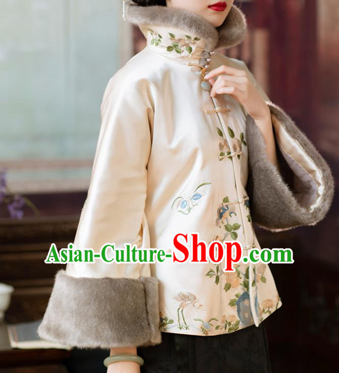 Chinese Traditional Embroidered Beige Silk Coat Qing Dynasty Noble Lady Cotton Padded Jacket for Women
