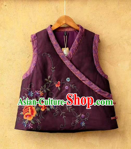 China Women Winter Purple Cotton Padded Vest Traditional Tang Suit Upper Outer Garment Clothing National Embroidered Waistcoat
