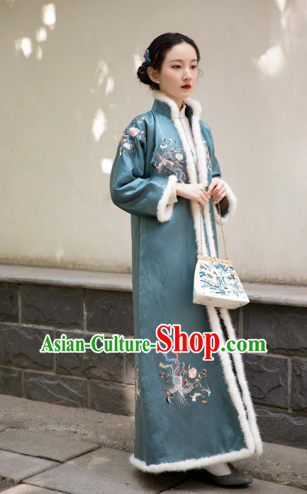 Chinese Traditional Blue Silk Cotton Padded Coat Tang Suit Embroidered Dust Coat Greatcoat for Women