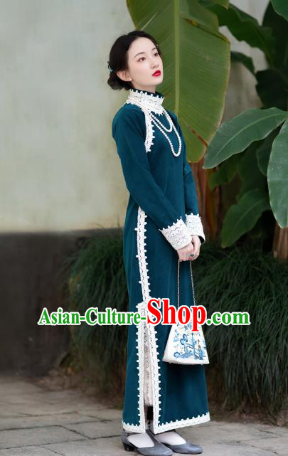 Chinese Classical Deep Blue Corduroy Qipao Dress Republic of China Traditional Women Costume National Cheongsam