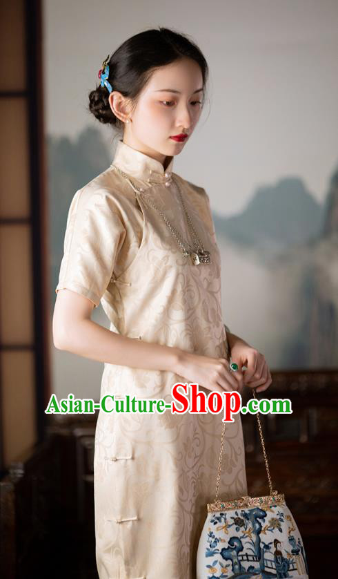 Republic of China Champagne Silk Qipao Dress Chinese Traditional Costume National Cheongsam