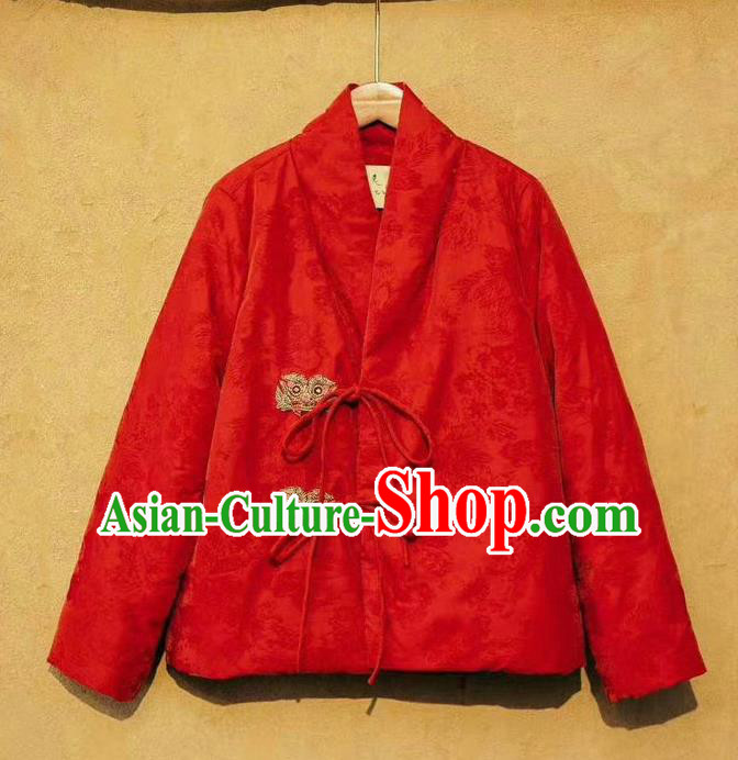 China Traditional Red Flocking Coat Tang Suit Outer Garment Costume National Women Winter Jacket