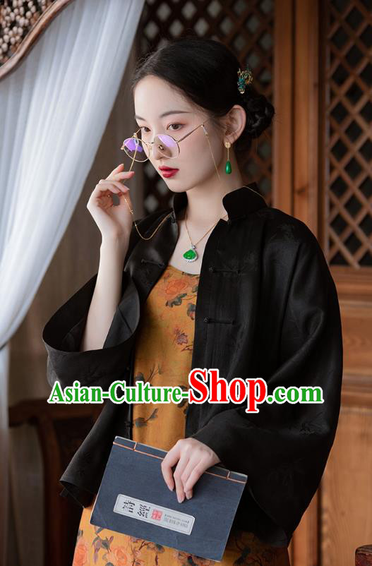 Chinese Traditional Clothing Classical Black Silk Blouse Tang Suit Upper Outer Garment National Shirt for Women