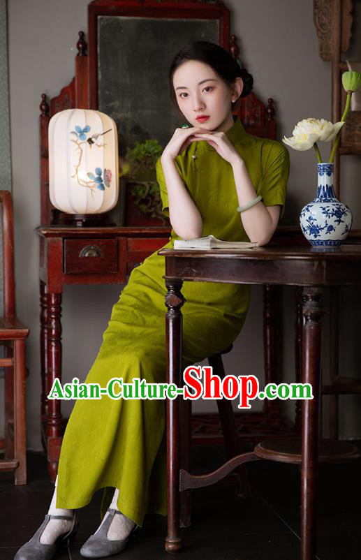 Chinese Traditional Women Cheongsam National Costume Classical Olive Green Qipao Dress