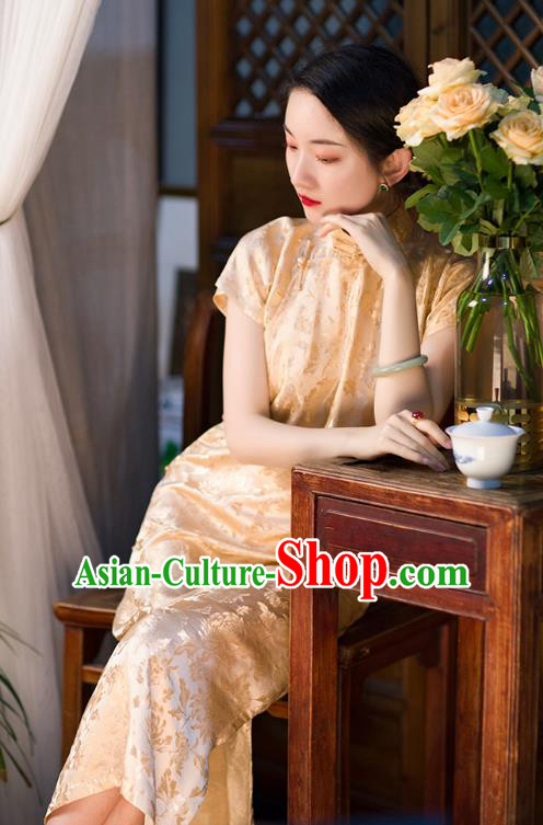 Chinese Classical Champagne Silk Cheongsam Traditional Chrysanthemum Pattern Qipao Dress National Women Costume
